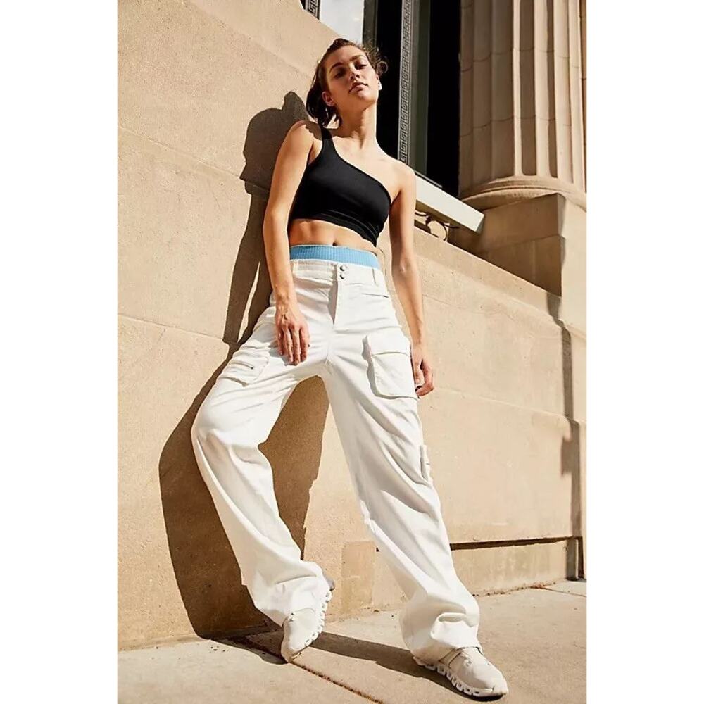 Free People Movement Elevate Wide Leg Cargo Style White Cotton & Lyocell Pants - Picture 2 of 12